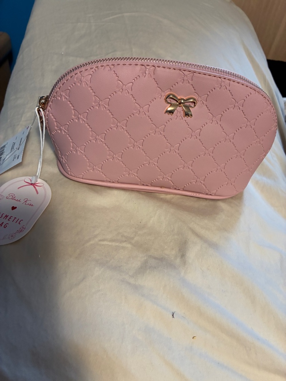 Blush Kiss Pink Quilted Cosmetic Bag with Gold Bow